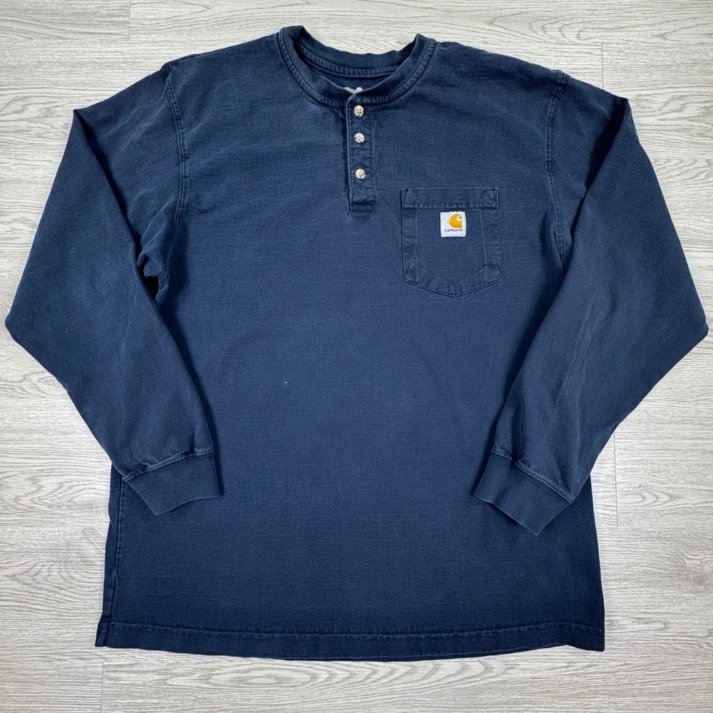 Carhartt Mens Shirt Henley Long Sleeve‎ Navy Blue Large Workwear Pocket Tee